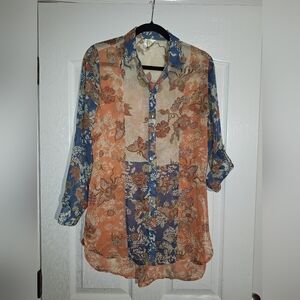 Fig and Flower Floral Patchwork Blouse - Blue and Orange